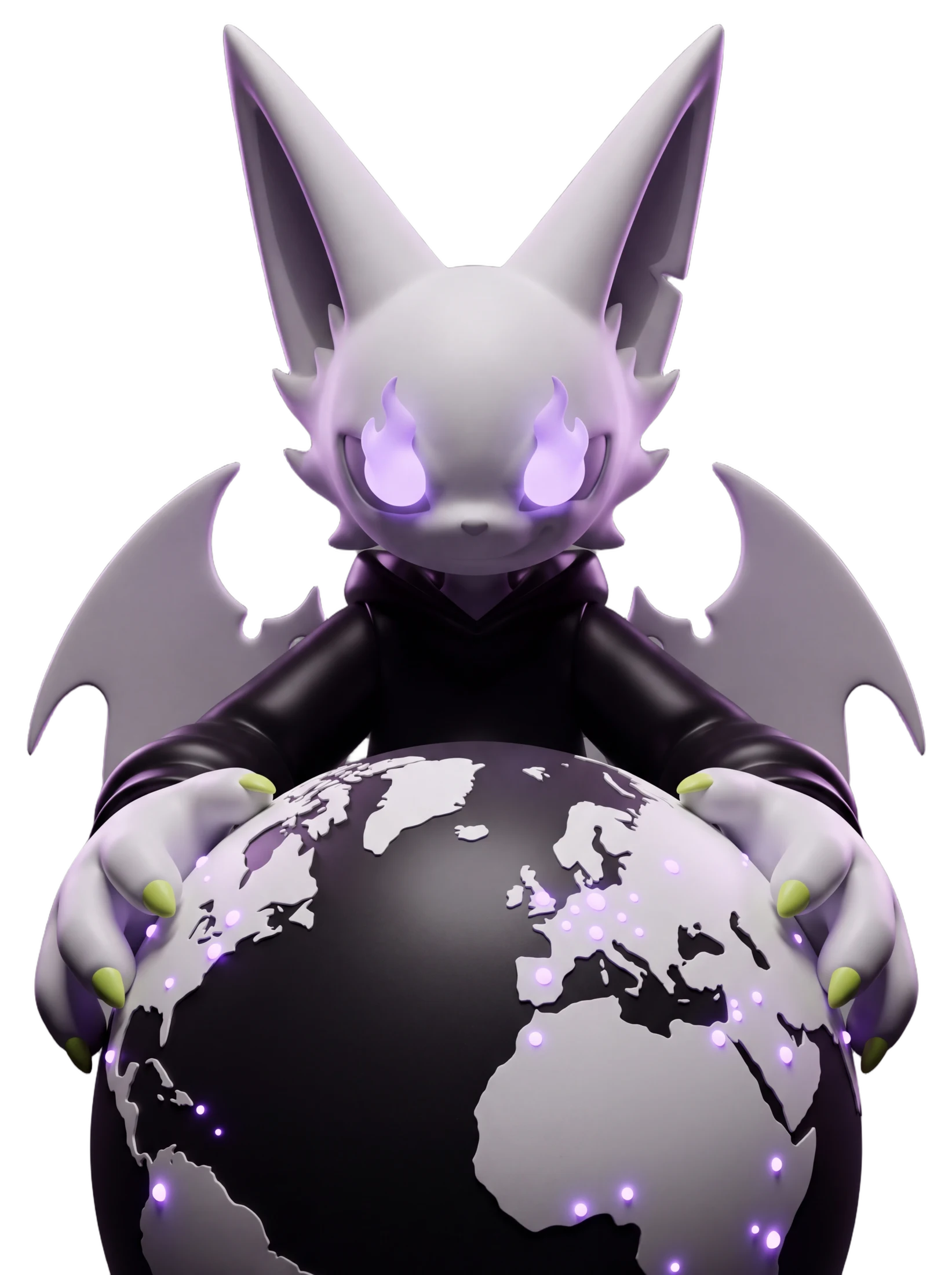 The giant Kizzori spirit looms over Earth, holding it in both hands with lavender flames in its eyes and lights across the continents.