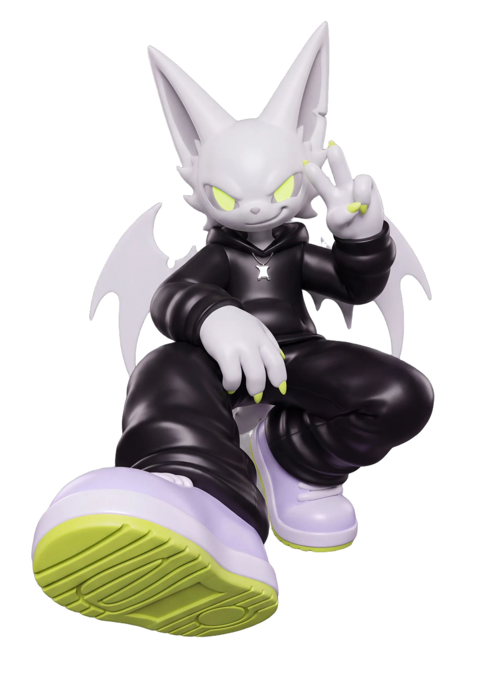 Kizzori's white winged spirit in black streetwear, a giant lime-soled sneaker toward the camera and two fingers raised.
