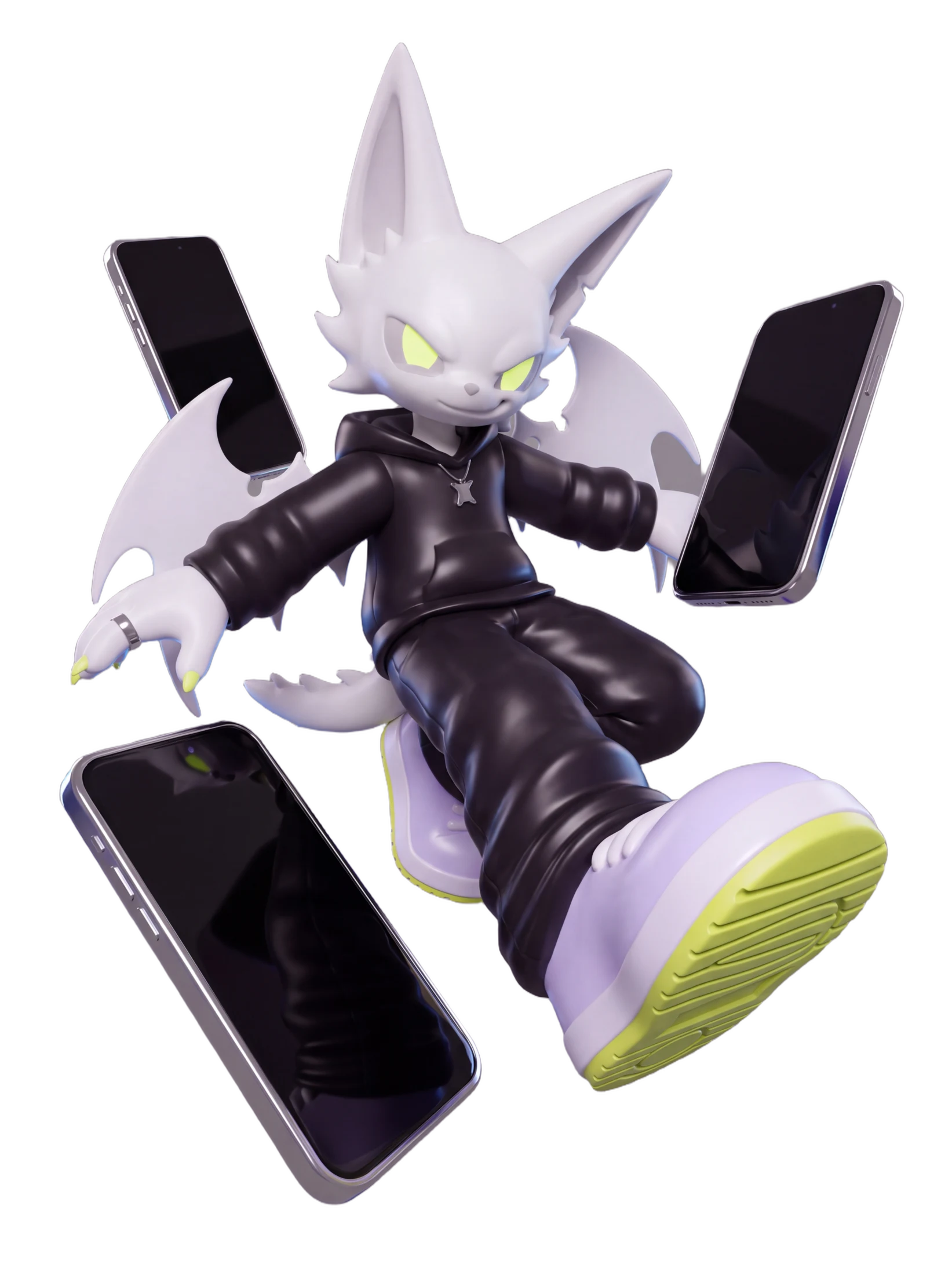 The Kizzori spirit flies forward in black streetwear, surrounded by three oversized chrome phones.