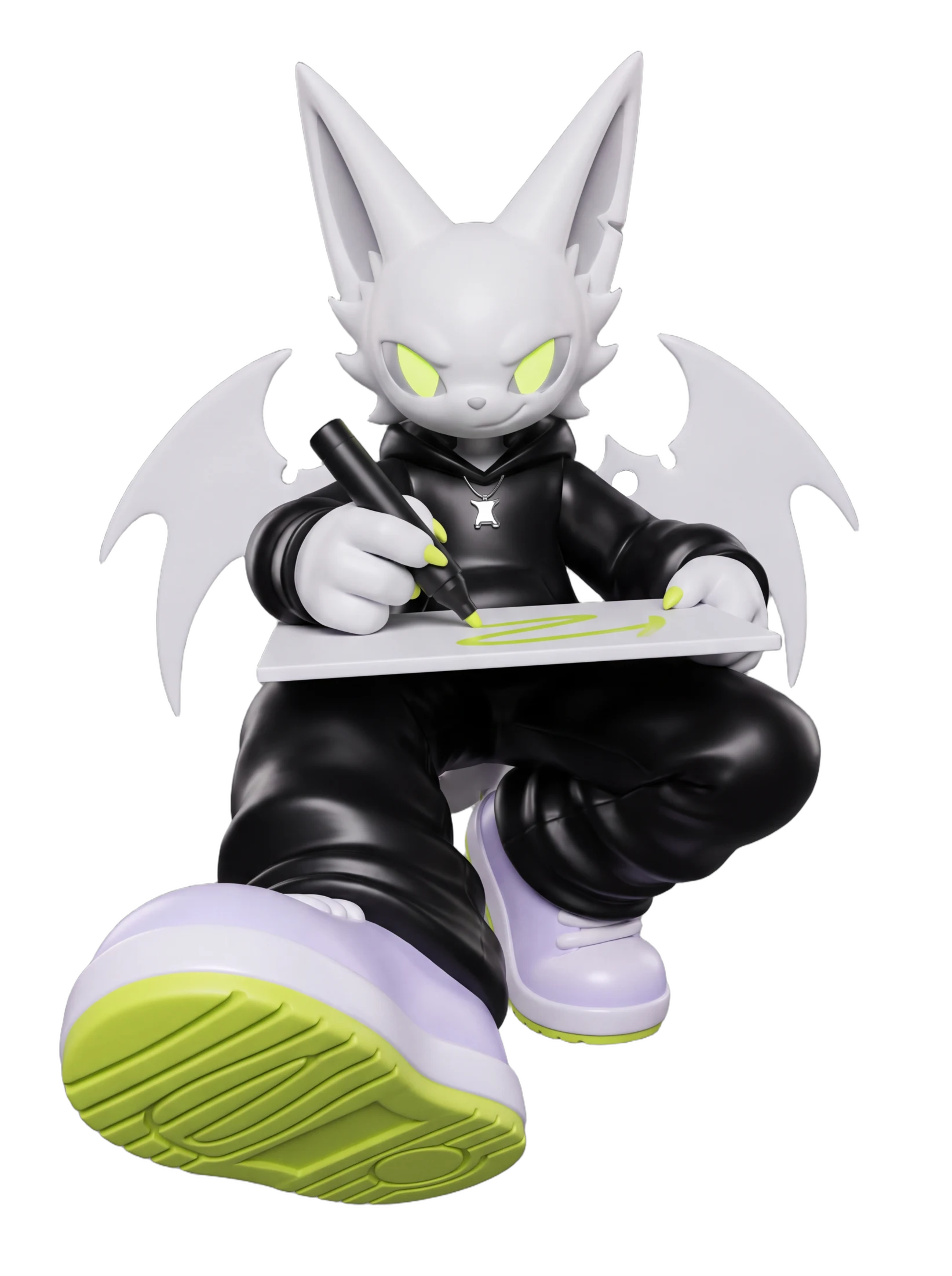 The Kizzori spirit crouches in black streetwear, sketching a lime route on a board across one knee.